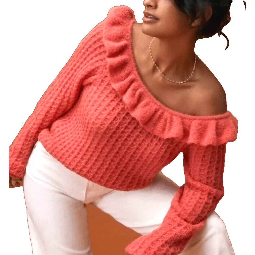 Anthropologie Ruffled Boat Neck Sweater S Coral Pink Waffle Knit Pullover Boho
